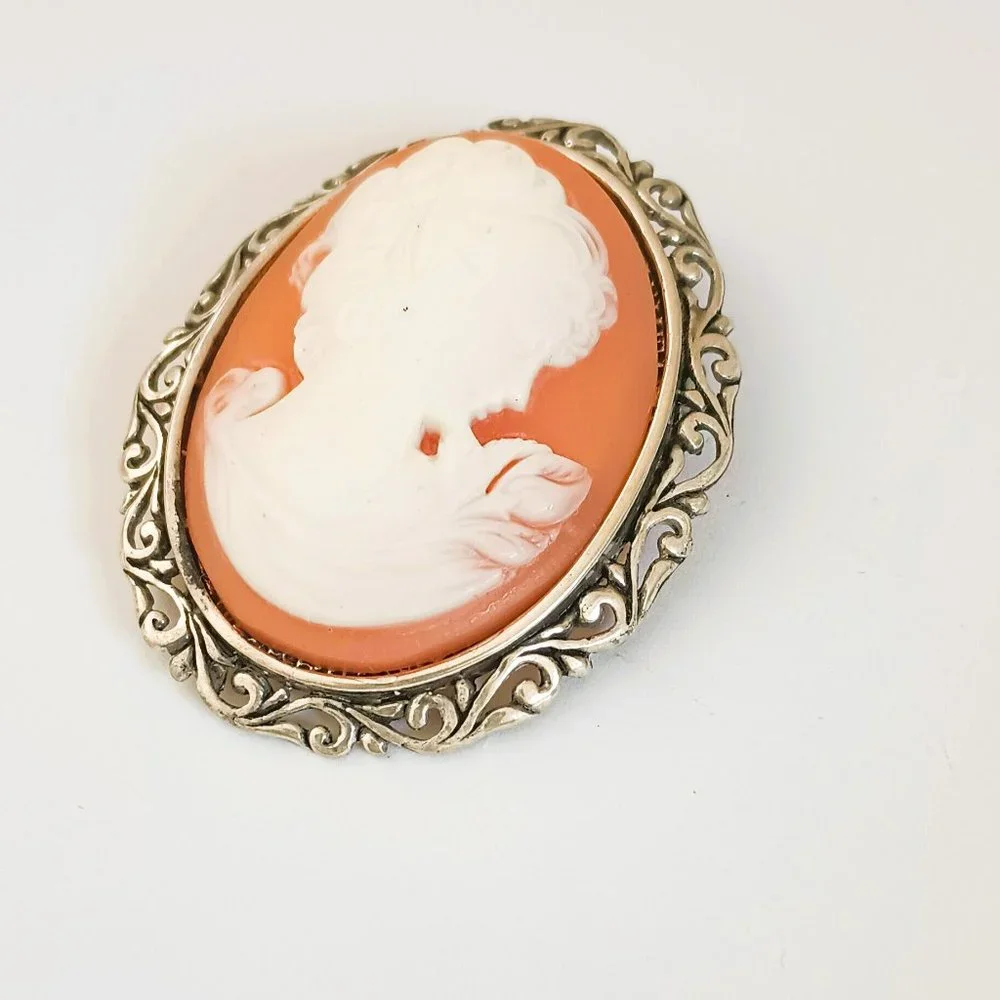 Jezlaine Vintage 925 Cameo Brooch Sterling Silver Scroll Design Gift for Mom